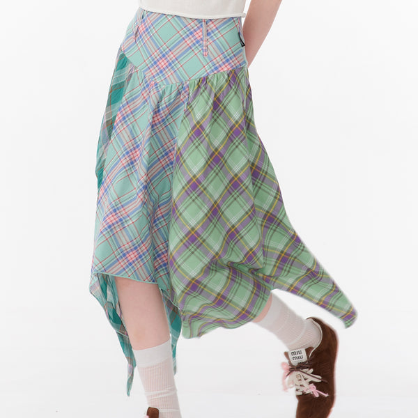 Green Checked Patchwork Asymmetrical Skirt
