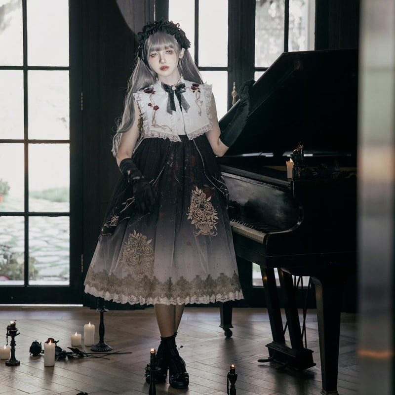 暗黒の薔薇の刺繍ワンピース[2025年10月下旬-11月中旬発送予定]