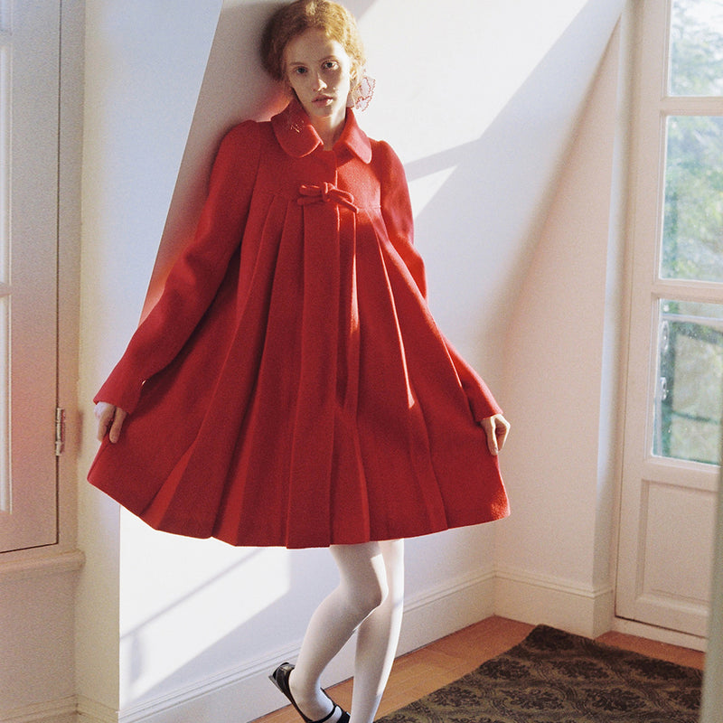 Bright Red Pleated Wool Coat with Ribbon