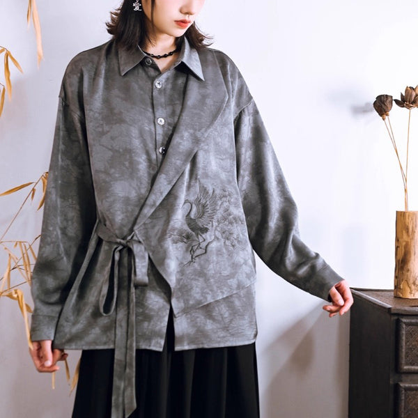 梢に留まる鶴の刺繍ブラウス - Gray