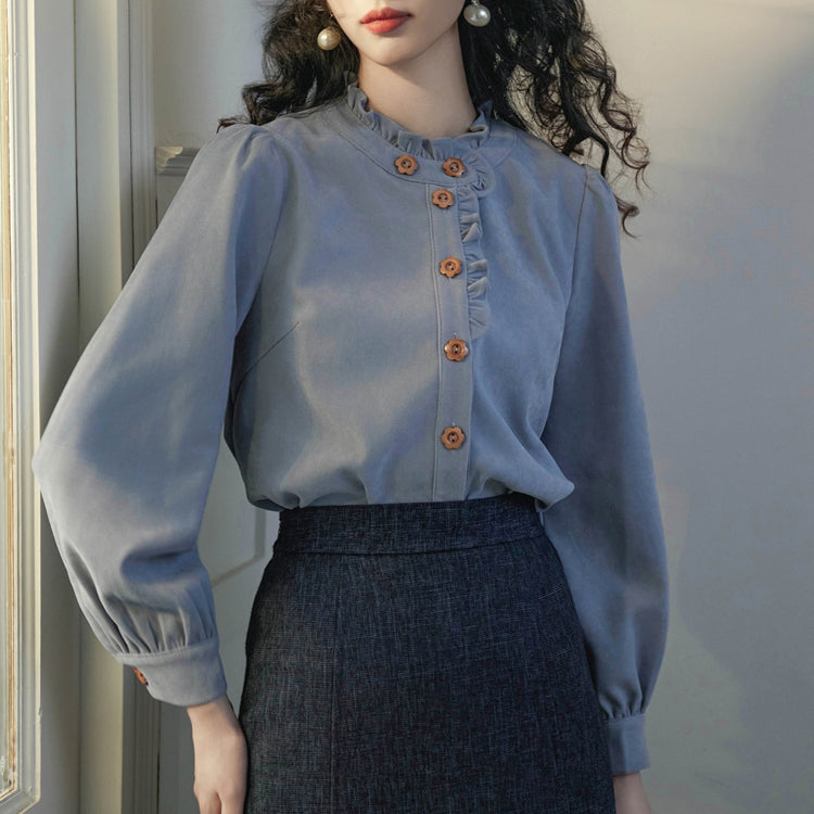 Gray Blue Ruffled Retro Blouse