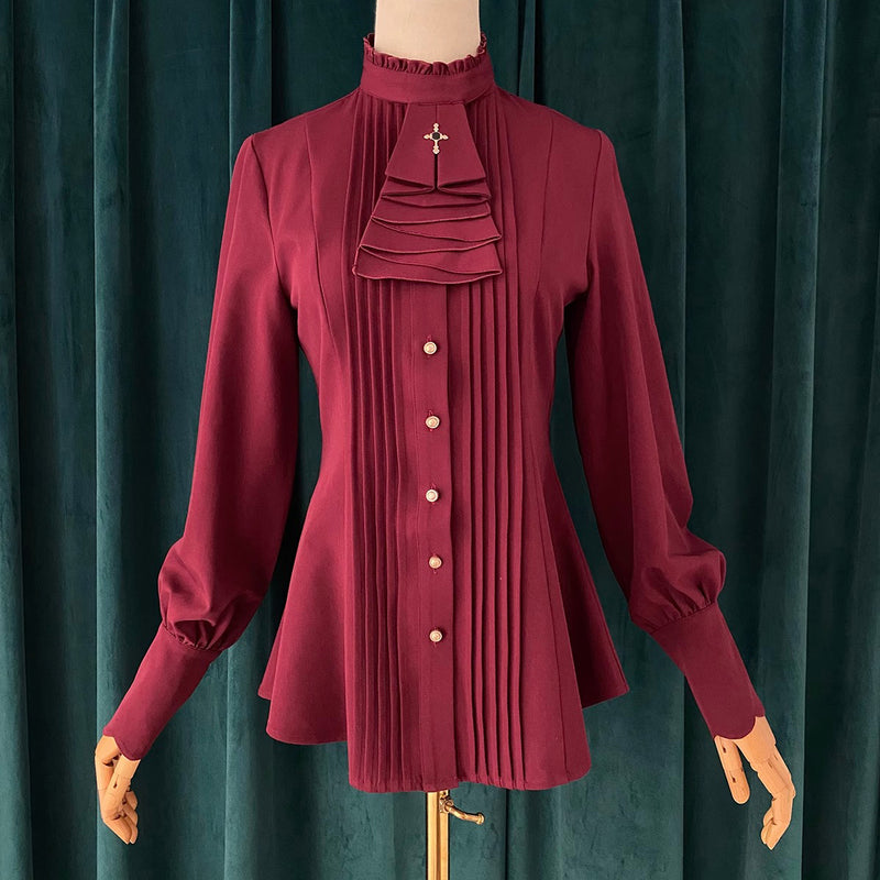中世貴族の十字架プリーツブラウス - Wine Red[2025年9月上旬-9月下旬発送予定]