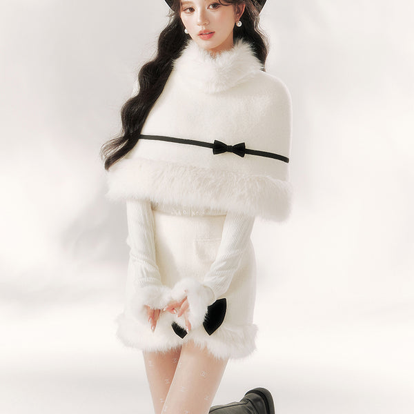 Pure White Ribbon Fur Cape and Skirt