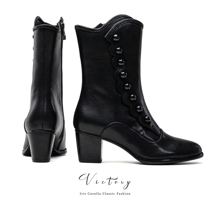 Victorian Round Toe Buttoned Short Boots - Black[2025年11月上旬-11月下旬発送予定]