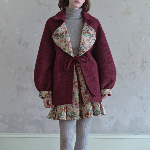 Floral Jacquard Retro Wool Coat and Jacquard Pleated Skirt