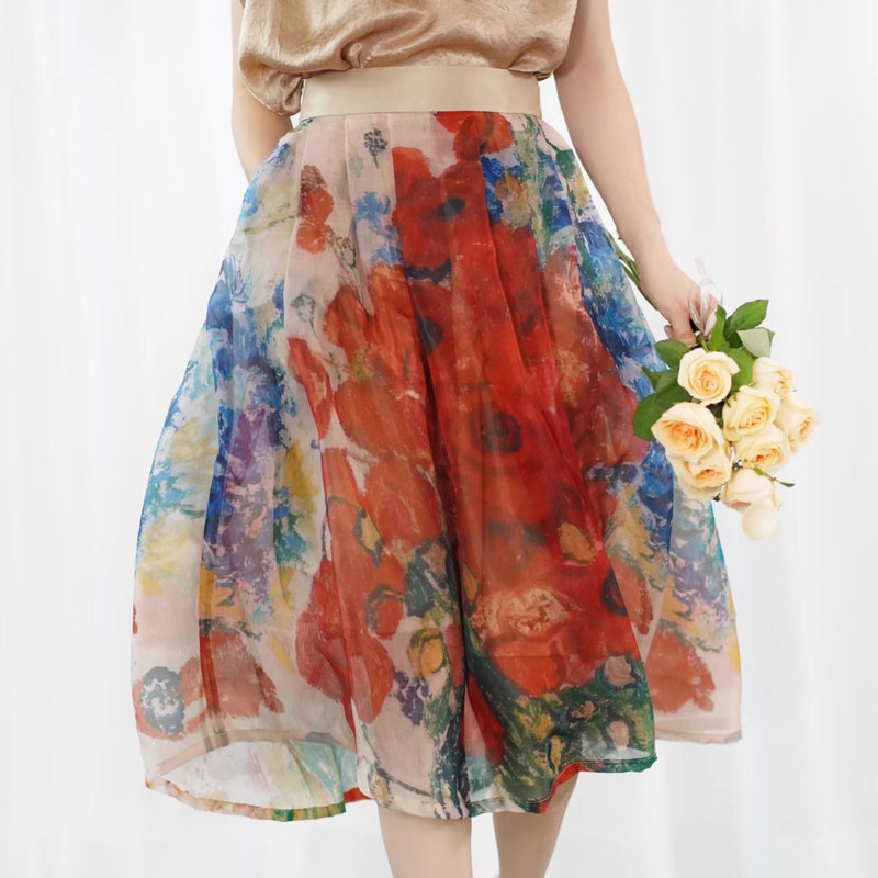 ヒナゲシの花の油彩画オーガンジースカート