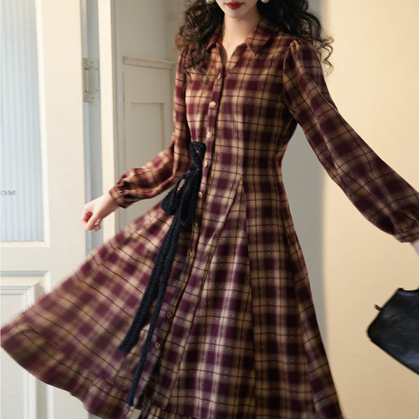 Reddish Bronze Plaid Retro Dress