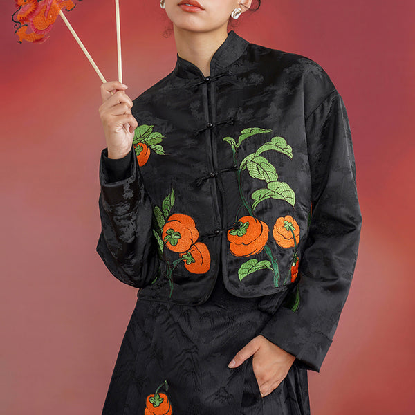 柿の実の刺繍チャイナジャケット（ブラック）