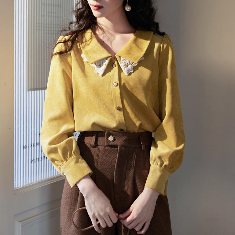 Yellow Floral Embroidered Corduroy Blouse