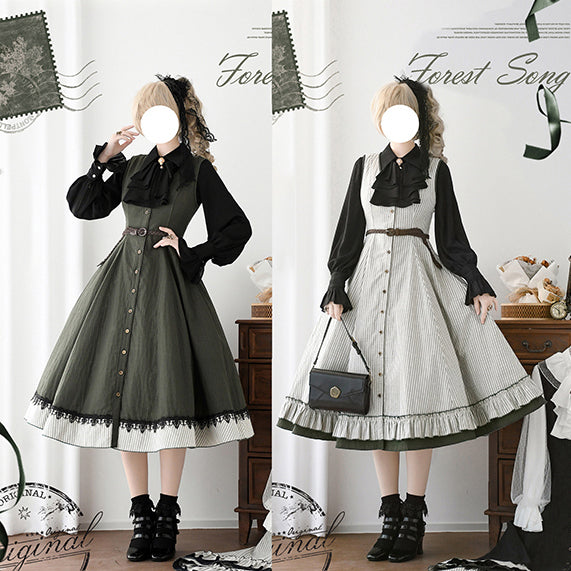 灰緑の縦縞クラシカルジャンパースカート - ロング丈[2025年12月下旬-2026年1月下旬発送予定]