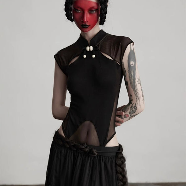 Black China Sleeveless Bodysuit