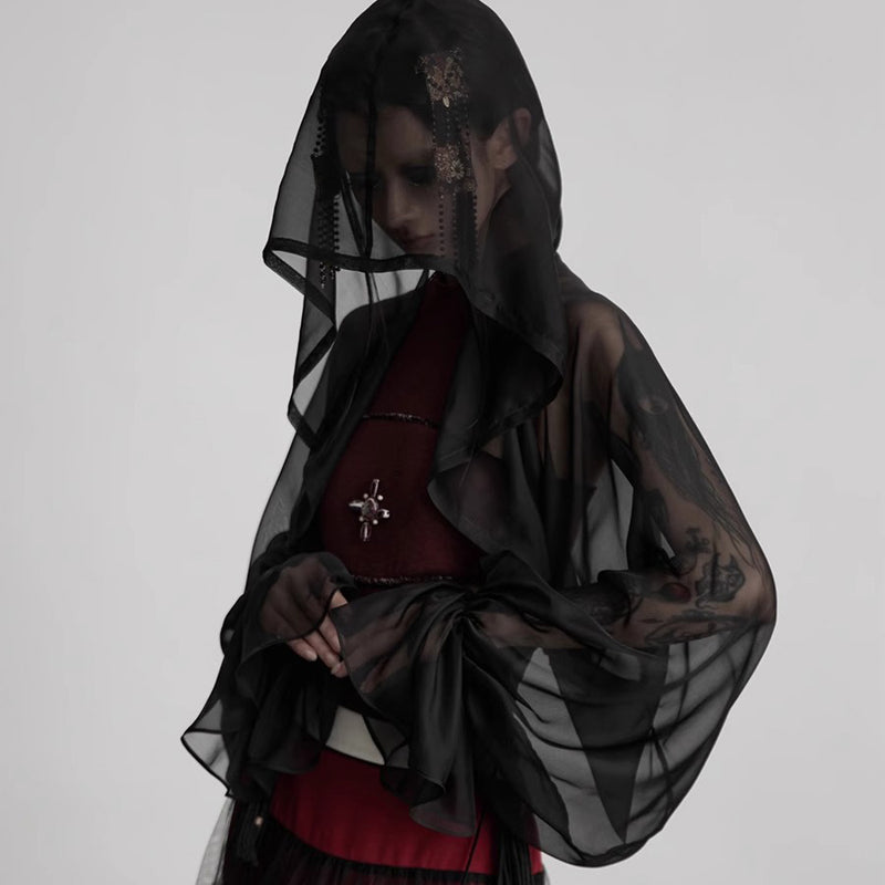 Black Silk Hooded Bolero Tops