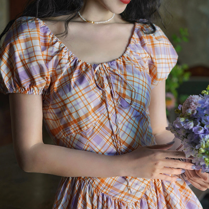 紫橙格子柄のレトロワンピース