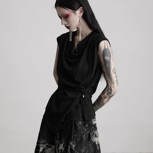 Black Draped Neck Sleeveless Knit Top