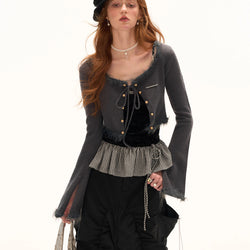 Charcoal Gray Feather Fringe Short Cardigan
