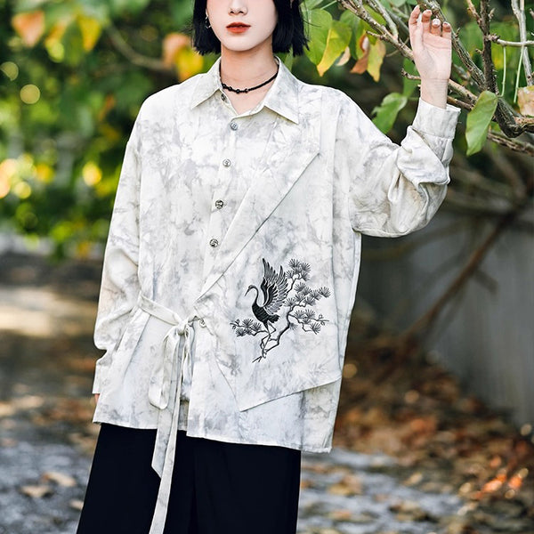 梢に留まる鶴の刺繍ブラウス - Ivory