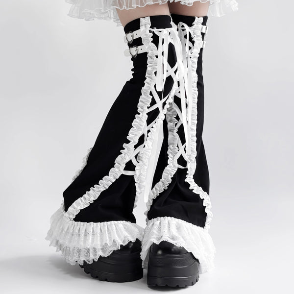Black Frill Lace-up Leg Warmers