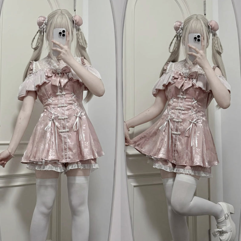 地雷ガールのチャイナワンピースとショートパンツ - Pink[2025年7月上旬-8月上旬発送予定]