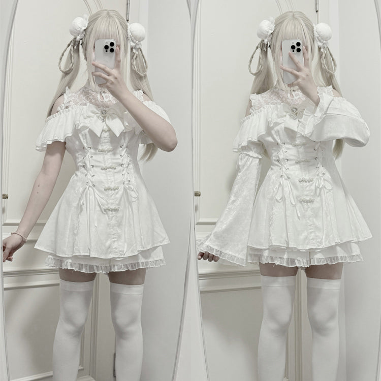 地雷ガールのチャイナワンピースとショートパンツ - White[2025年7月上旬-8月上旬発送予定]
