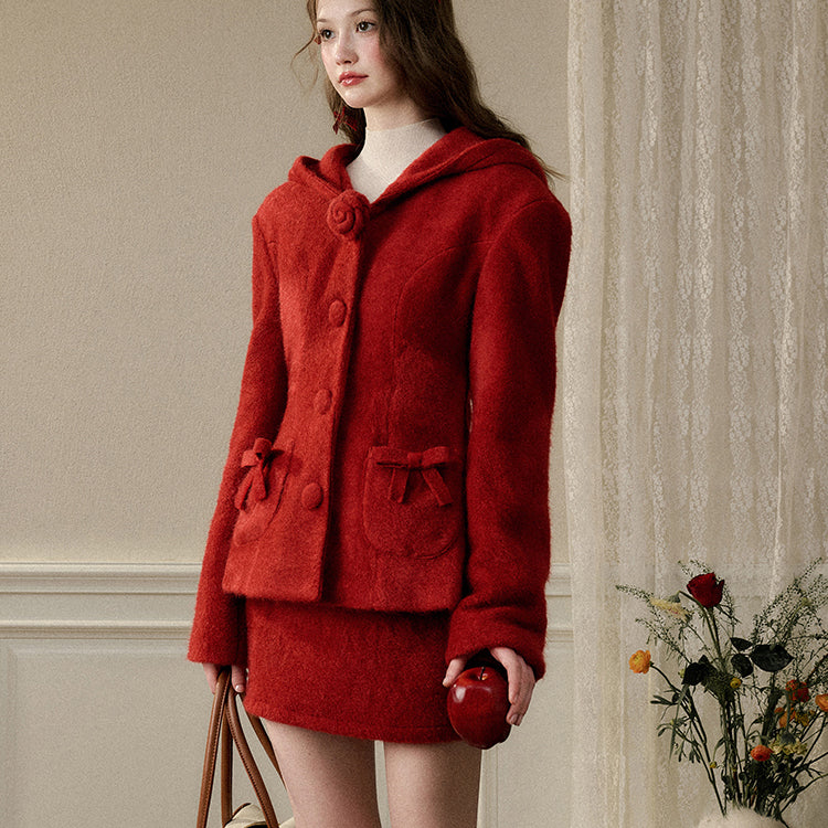 Bright Red Hooded Jacket and Short Skirt