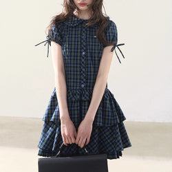 Blue and Green Checkered Tiered Dress
