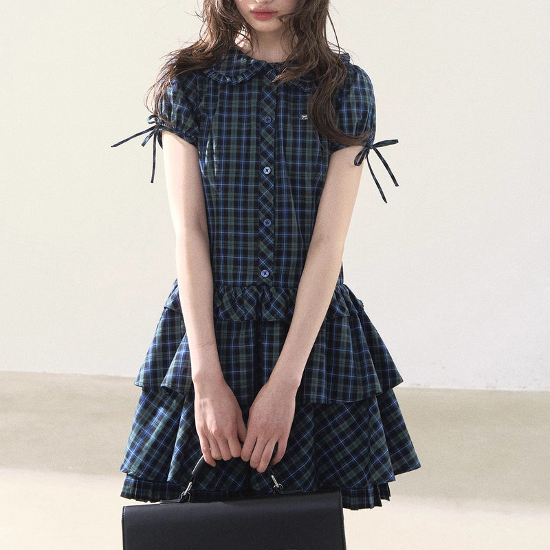 Blue and Green Checkered Tiered Dress