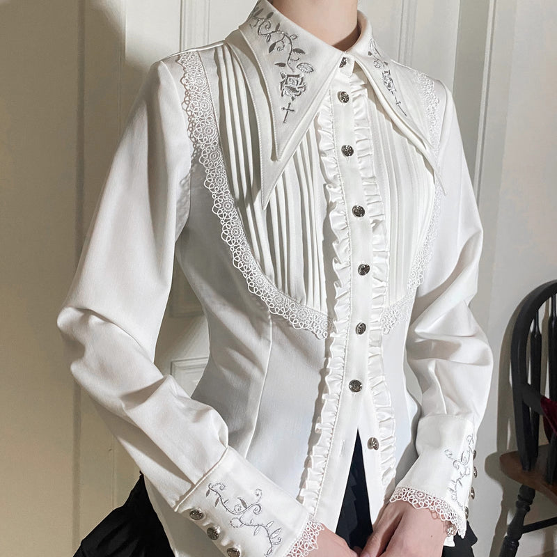 中世貴族の薔薇刺繍ブラウス - White[2025年9月中旬-10月上旬発送予定]