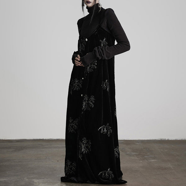 Black Velvet Embroidered Long Strap Dress