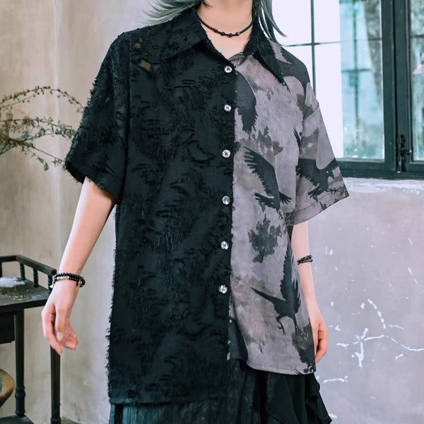 黒鴉の水墨画アシンメトリーシャツ