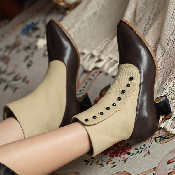 Victorian Pointed Toe Buttoned Short Boots - Brown Beige