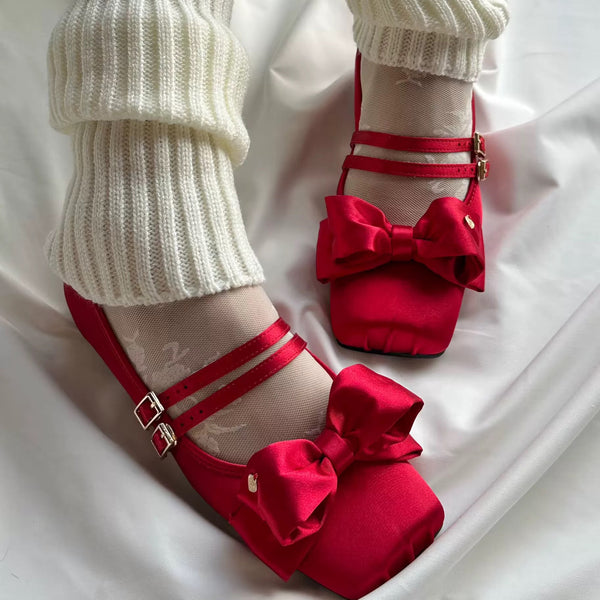 Square-toe Satin Ribbon Ballet Shoes - Bright Red[2025年11月上旬-12月上旬発送予定]
