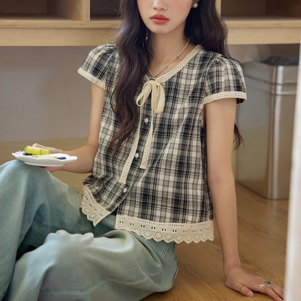 Black and White Checkered Lace Blouse