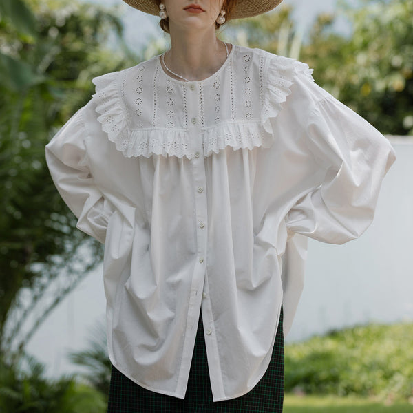 White Embroidered Ruffled French Blouse