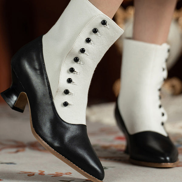 Victorian Pointed Toe Buttoned Short Boots - Black White