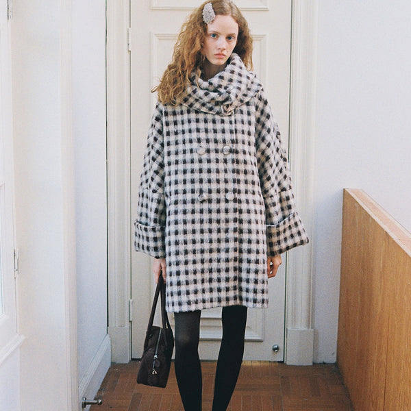 Dark Brown Plaid Snood Wool Coat