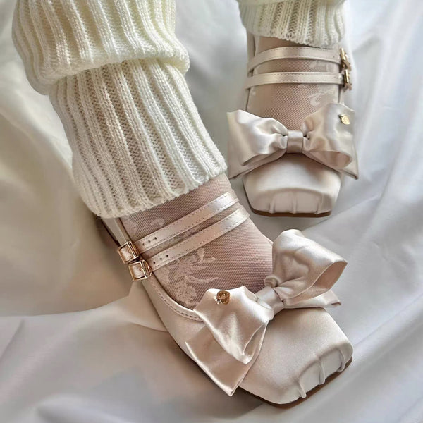 Square-toe Satin Ribbon Ballet Shoes - Champagne[2025年11月上旬-12月上旬発送予定]