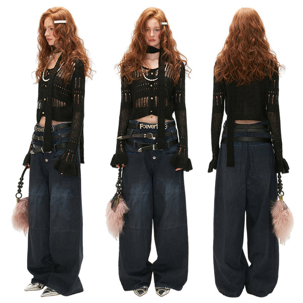 Wide Leg Denim Pants with Triple Belt