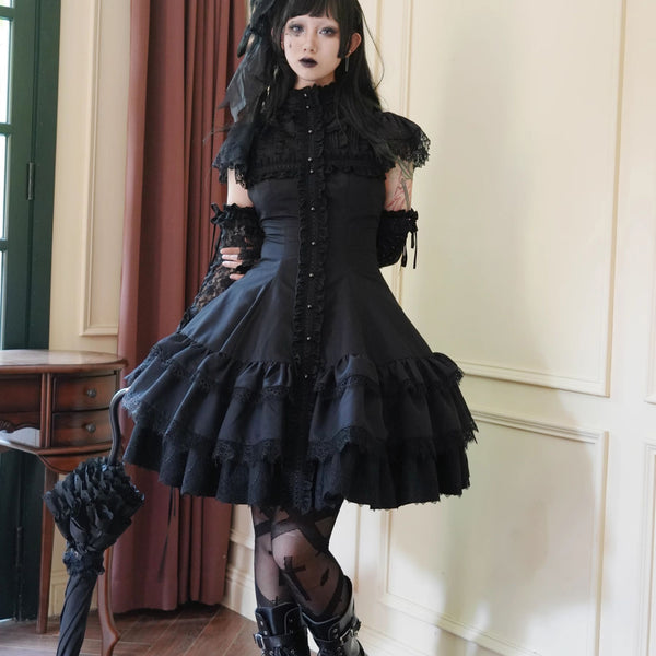 貴族のお嬢様の刺繍フリルワンピース - Black[2025年1月上旬-2月下旬発送予定]