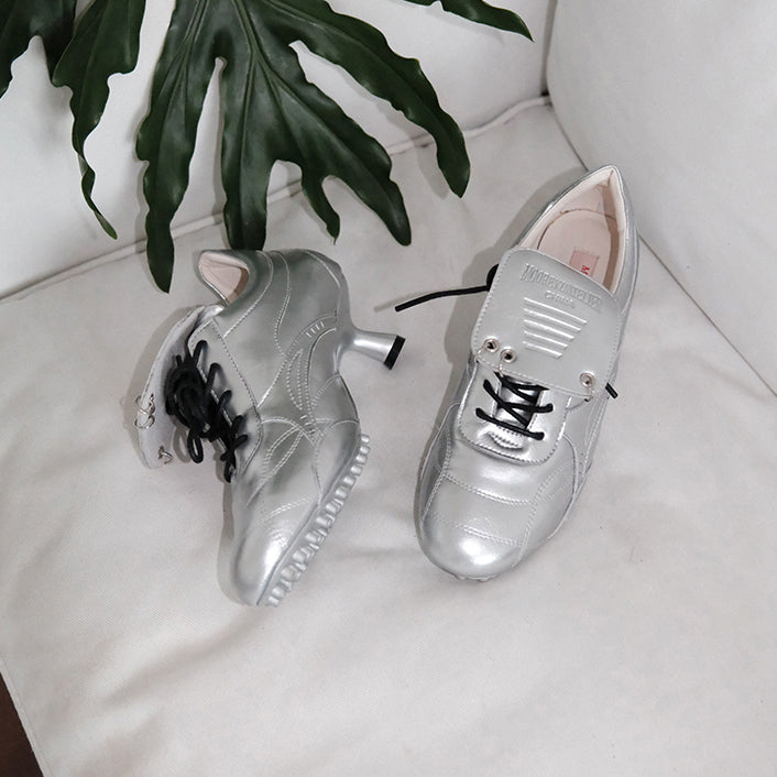 Metallic Silver Lace-up Heeled Shoes