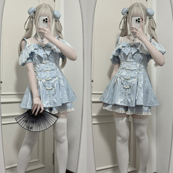 地雷ガールのチャイナワンピースとショートパンツ - Light Blue[2025年7月上旬-8月上旬発送予定]