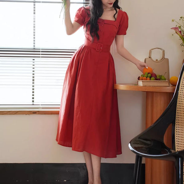 紅赤の貴婦人ヘップバーンワンピース