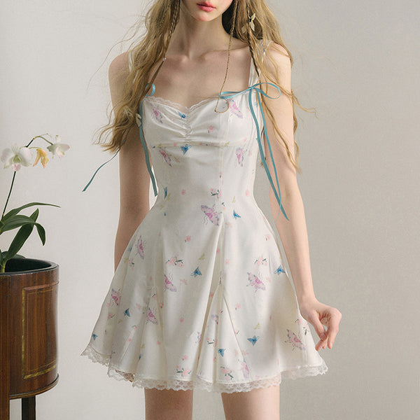 Butterfly and Floral Pattern Strap Dress