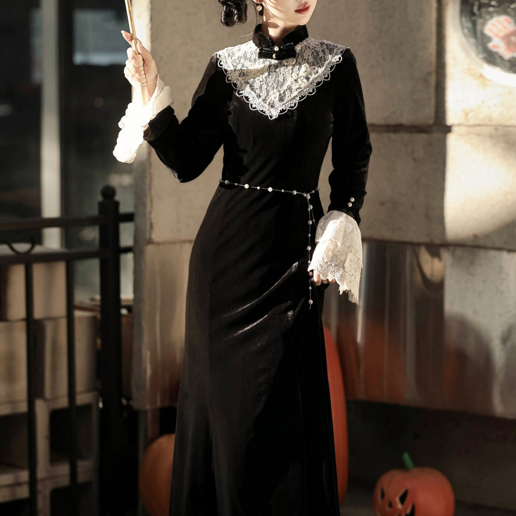 黒の王妃の刺繍ベルベットワンピース – ManusMachina
