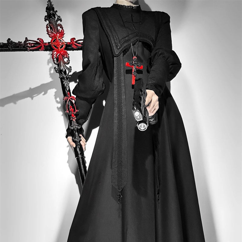 月夜の修道女の刺繍ワンピース - Black（レッグオブマトンスリーブ）[2025年12月上旬-2026年1月上旬発送予定]