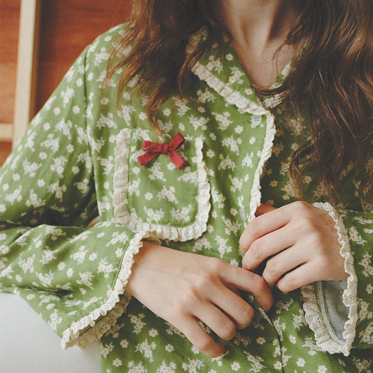 Matcha Floral Patterned Retro Room Wear