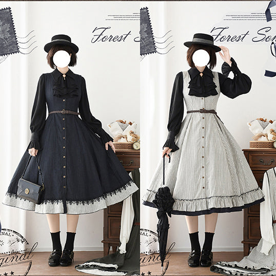 濃紺の縦縞クラシカルジャンパースカート - ロング丈[2025年12月下旬-2026年1月下旬発送予定]