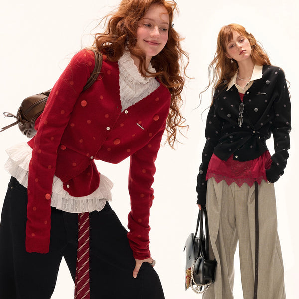 Asymmetrical Polka Dot Knit Cardigan