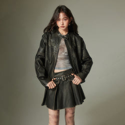 Retro Leather Jacket with Ribbon Pattern