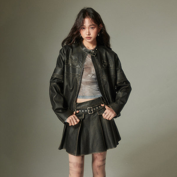 Retro Leather Jacket with Ribbon Pattern