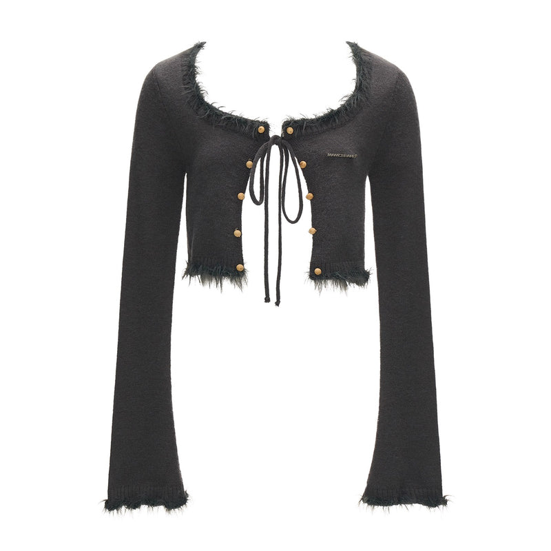 Charcoal Gray Feather Fringe Short Cardigan